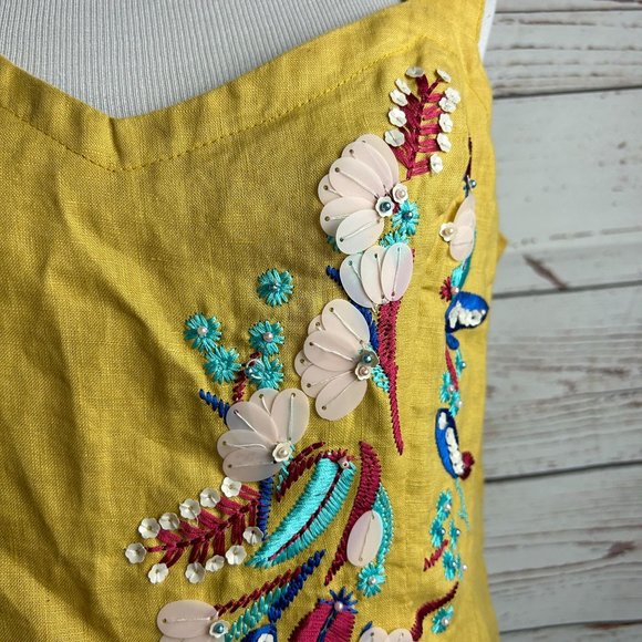 For Cynthia Linen Beaded Sequins Floral Sun Dress S Mustard Yellow Embroidered - Picture 2 of 7